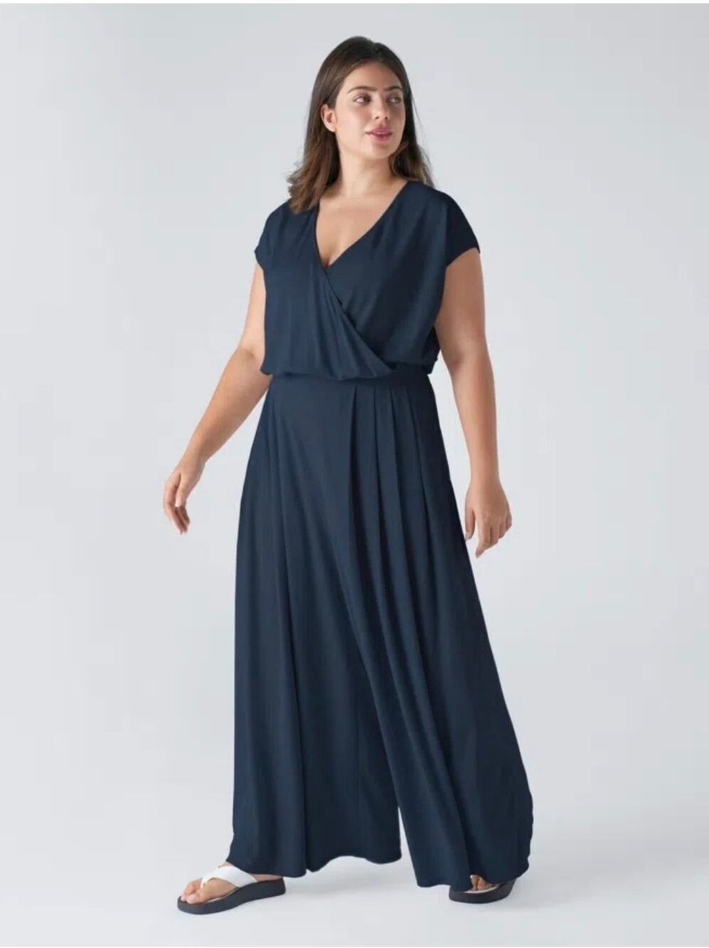 Halara Jumpsuit Womens Large Petite Blue Flowy Wide Leg V Neck Short Sleeve New